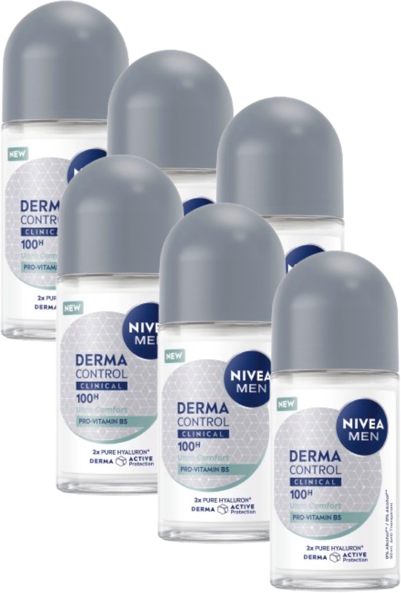NIVEA MEN Derma Control Clinical Ultra Comfort Deodorant Roller- 100u Anti‑transpirantbescherming - Pro‑Vitamine B5 - Voordeelverpakking - 6x50ml