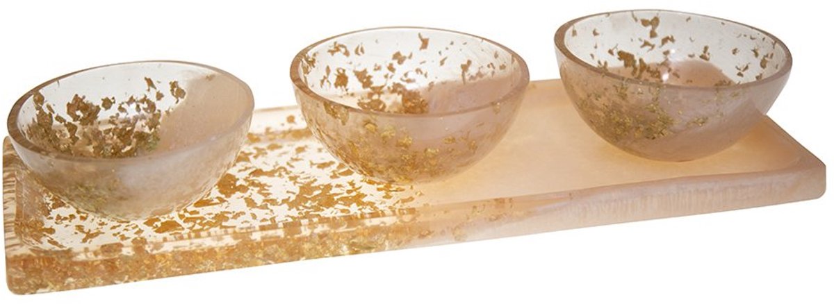 AULICA - Aperitief set van 3 kommen op een glitterharsplateau - 33.5x12.5x6.5 cm - Goud