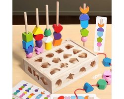 Rijgen + stapelen + vormen sorteren: 3-in-1 Montessori-speelgoed voor de vroege ontwikkeling | 25 gekleurde houten kralen | Ontwikkeling van fijne motoriek en cognitieve vaardigheden | Geschikt voor kleuters van 3-5 jaar