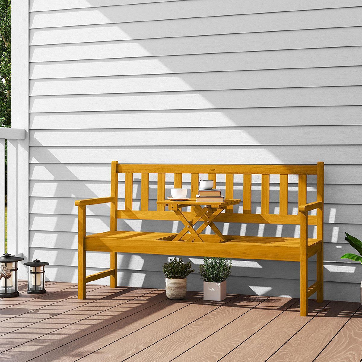 Pugsdrly 2-zits tuinbank van hout, weerbestendige bank met rug- en armleuningen, draagvermogen 320 kg, 149 x 56,5 x 89 cm, teak