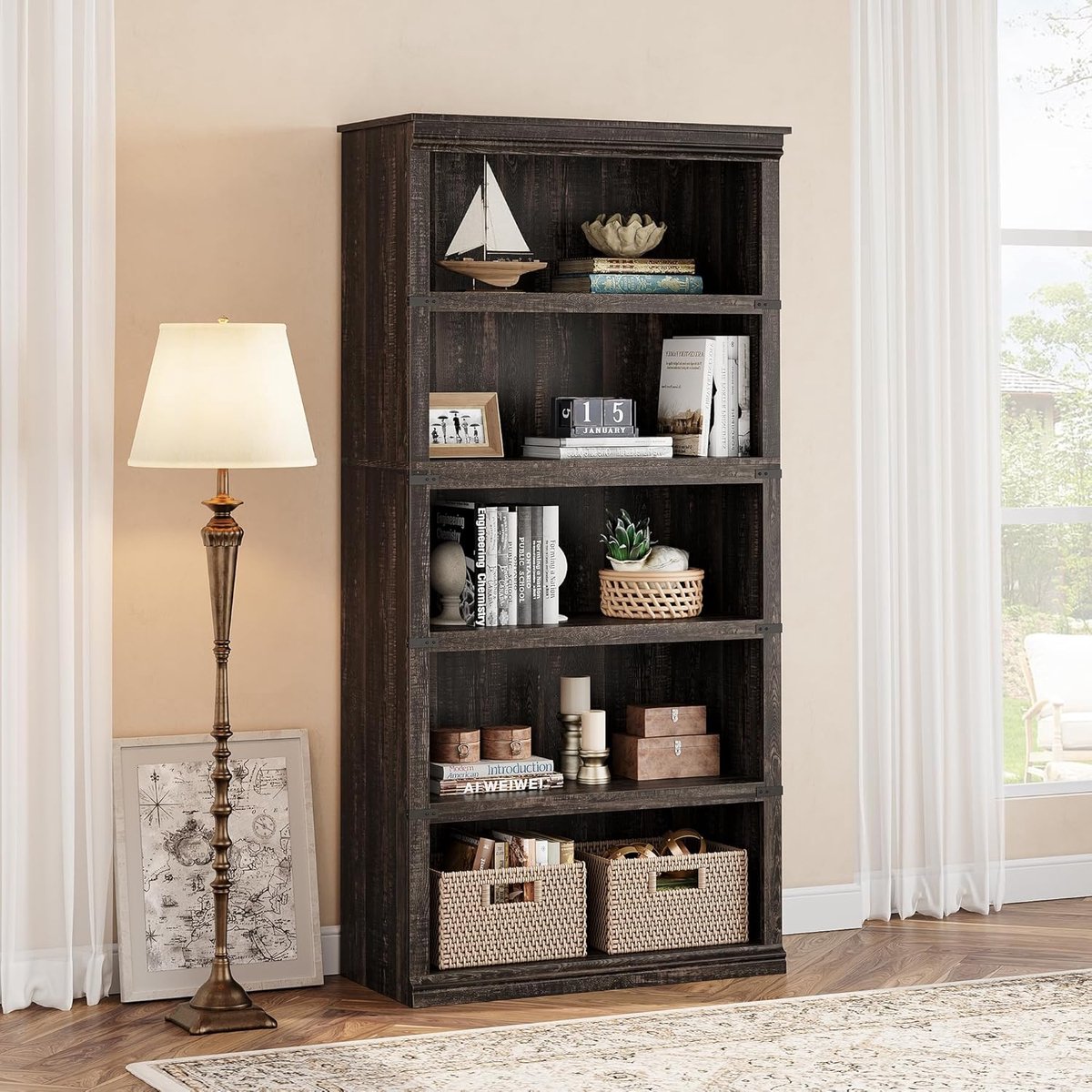 HOERFURIY Hoge Boekenkast met 5 Planken - Landelijke Open Vakkenkast - Opbergkast voor Woonkamer & Kantoor - 171 cm Hoog - Eikenhout