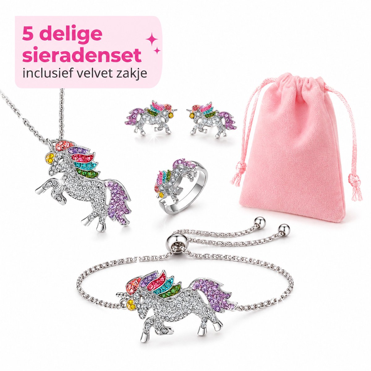 Unicorn Sieradenset Zilver - kind sieraden - cadeau set - armband ketting oorbellen ring - geschenkset