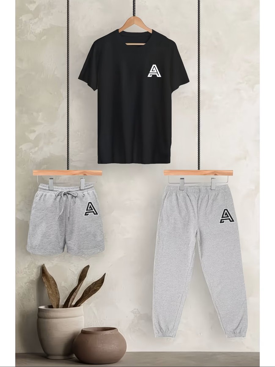 Trendy Zwart T-Shirt met Grijze Sportieve Shorts en Joggers - Comfortabele Modieuze Set voor Vrije Tijd en Sport - 2XL-3XL