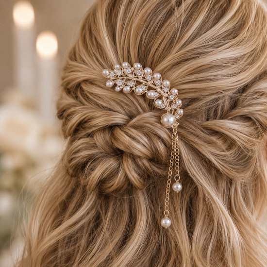 Cheveux in Style® Noor Series - Point de cheveux doré en forme de plume avec pierres de cristal et perles - épingle à cheveux épingle à cheveux perle diamant