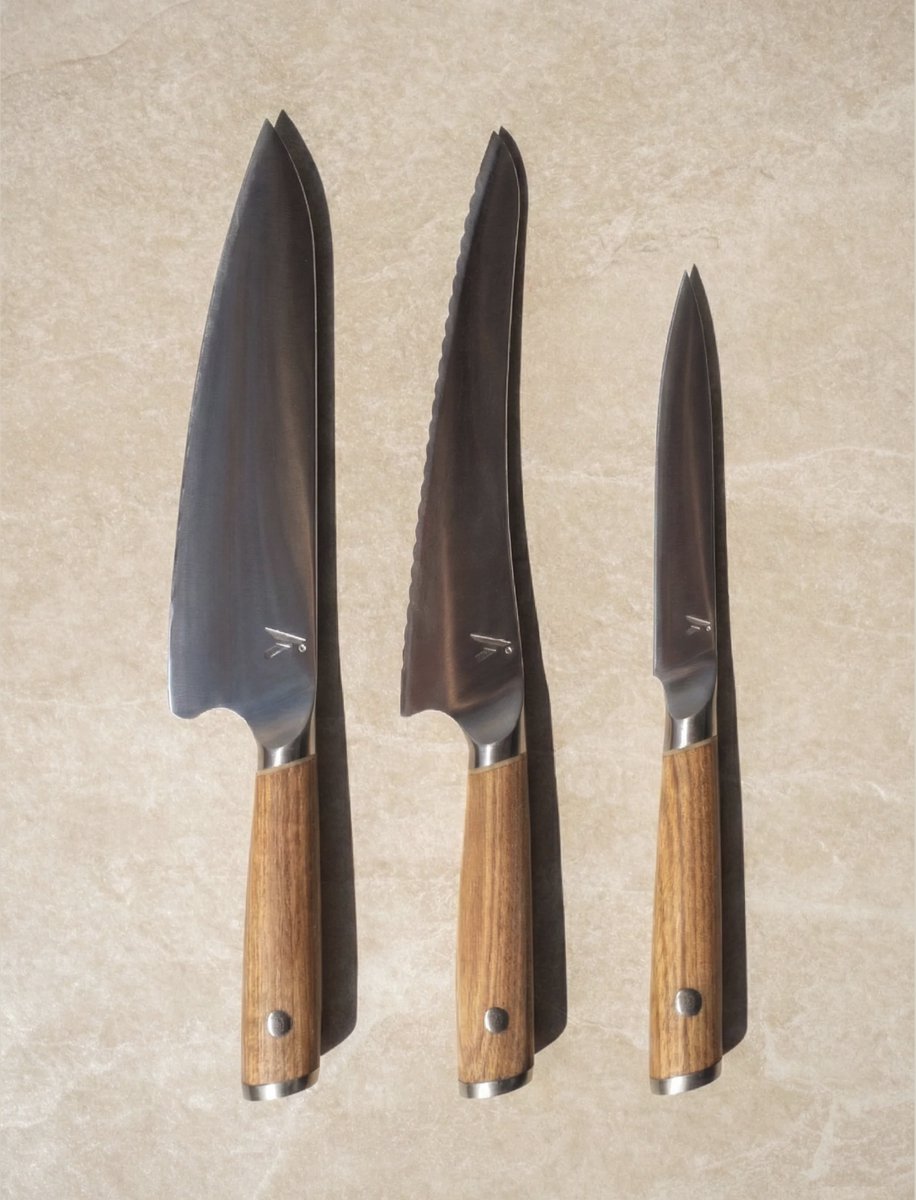 ANGLD Essential Set (3) - Koksmes - Broodmes - Schilmes - Japans AUS-10 gehard staal - Extra lang scherp - Onmisbaar trio voor elk recept