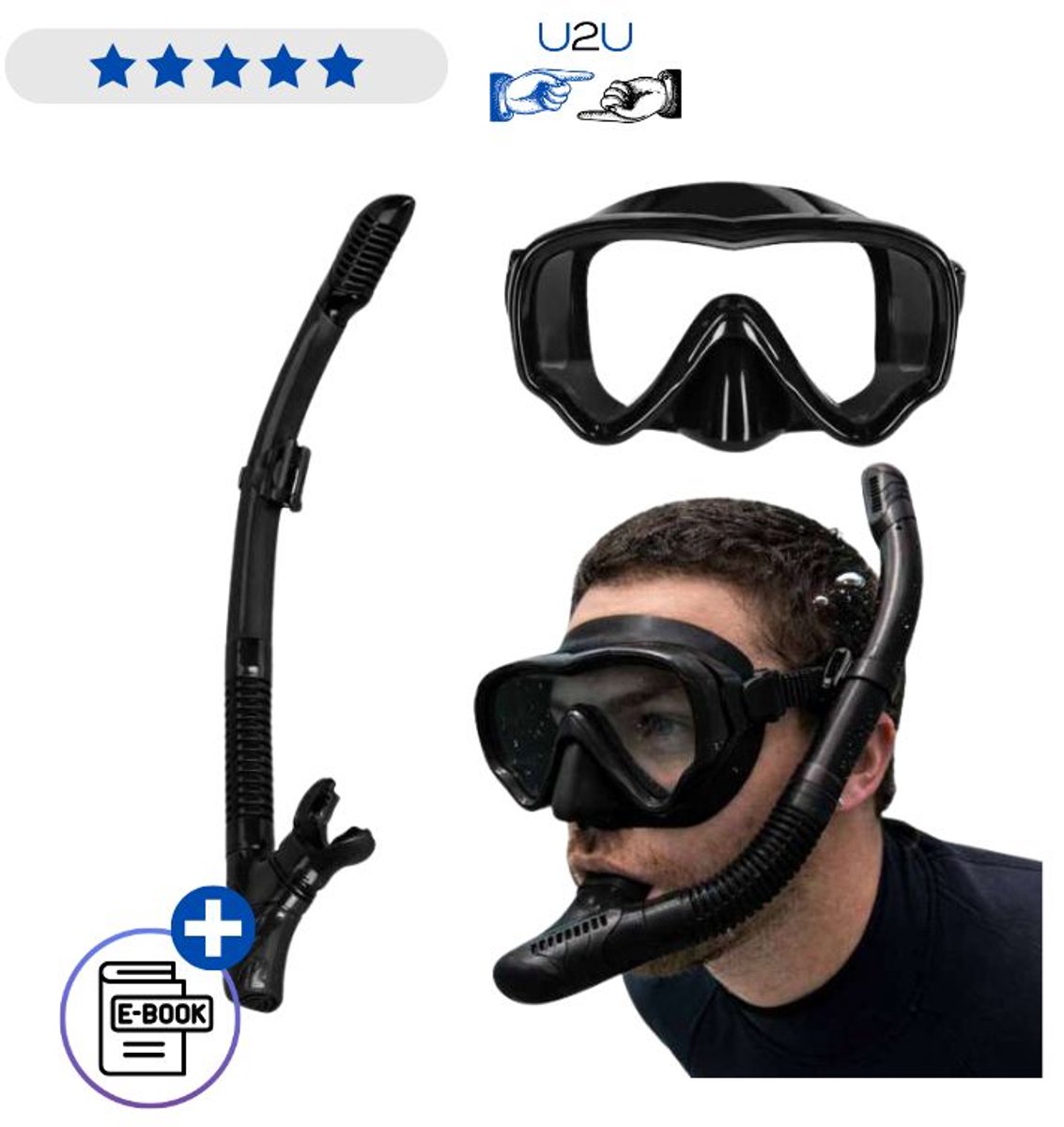 Snorkelset Duikmasker met Droge Snorkel - Zwart - Gehard Glas - Anti Lek Siliconen Masker - Brede Kijkhoek - Comfortabele Pasvorm - Snorkelmasker voor Volwassenen - Zwemmen Duiken Vakantie Zee Zwembad Strand Accessoires Met Ebook