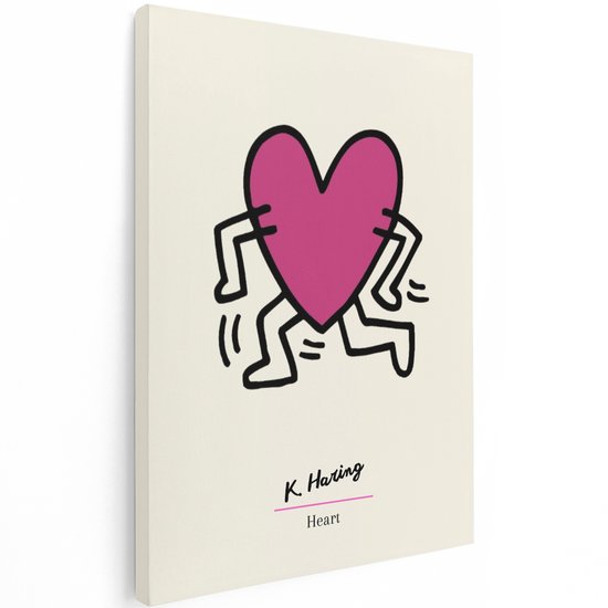 Een roze Keith Haring hart met benen op een crème canvas, tekst 'K. Haring, Heart' eronder.