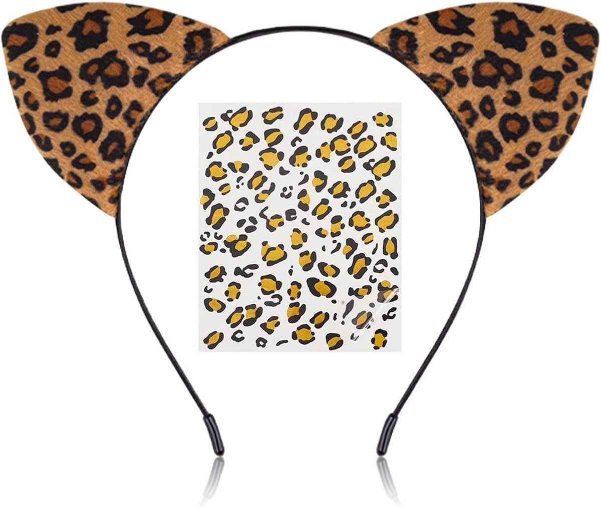 Dames luipaardoren en haarband set voor carnaval, dierenkostuum, feestaccessoires en verkleedkleding