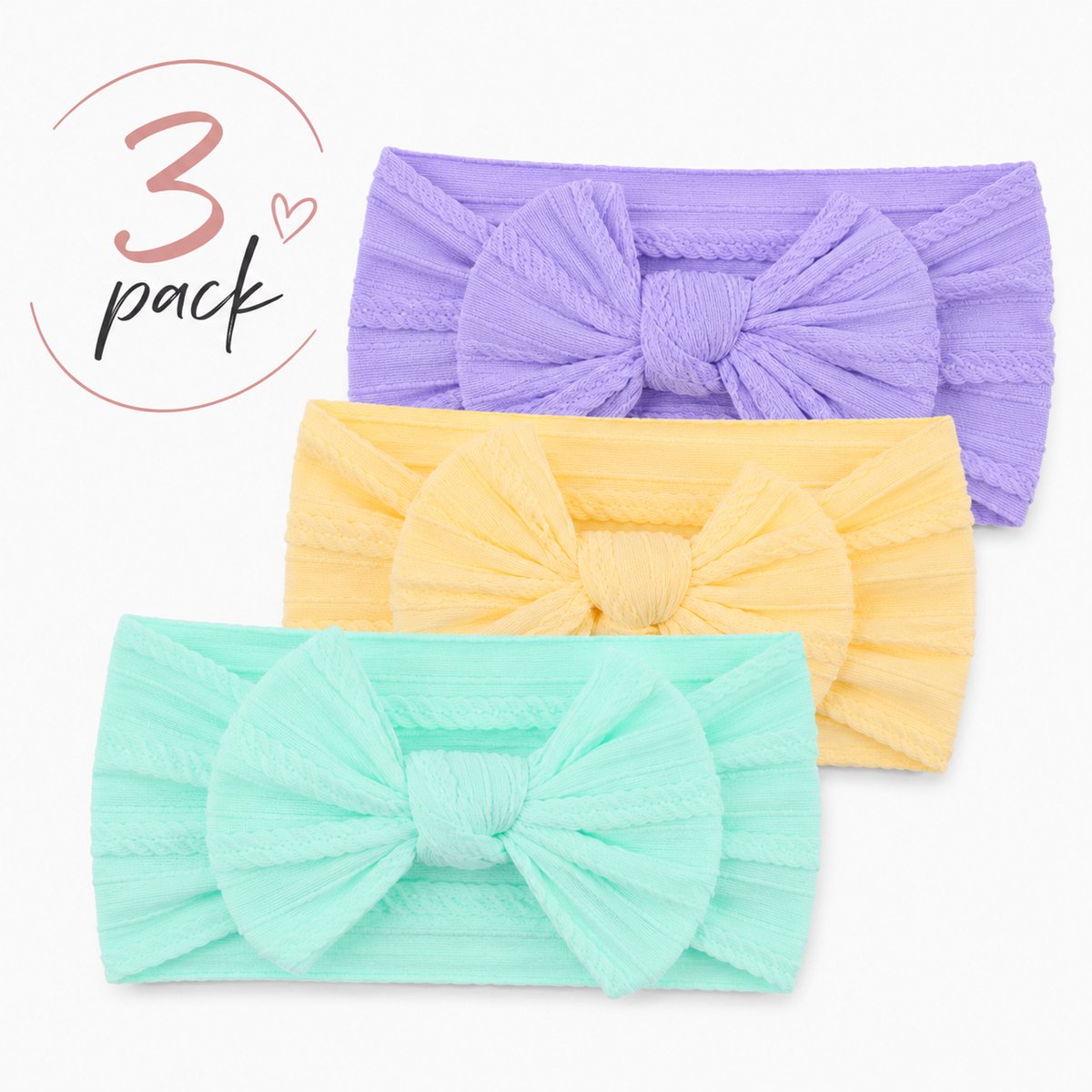 Haar in Stijl® Haarband Heidi 3 pack - Brede en zachte baby haarband met een strik - lichtgeel lichtgroen lichtpaars