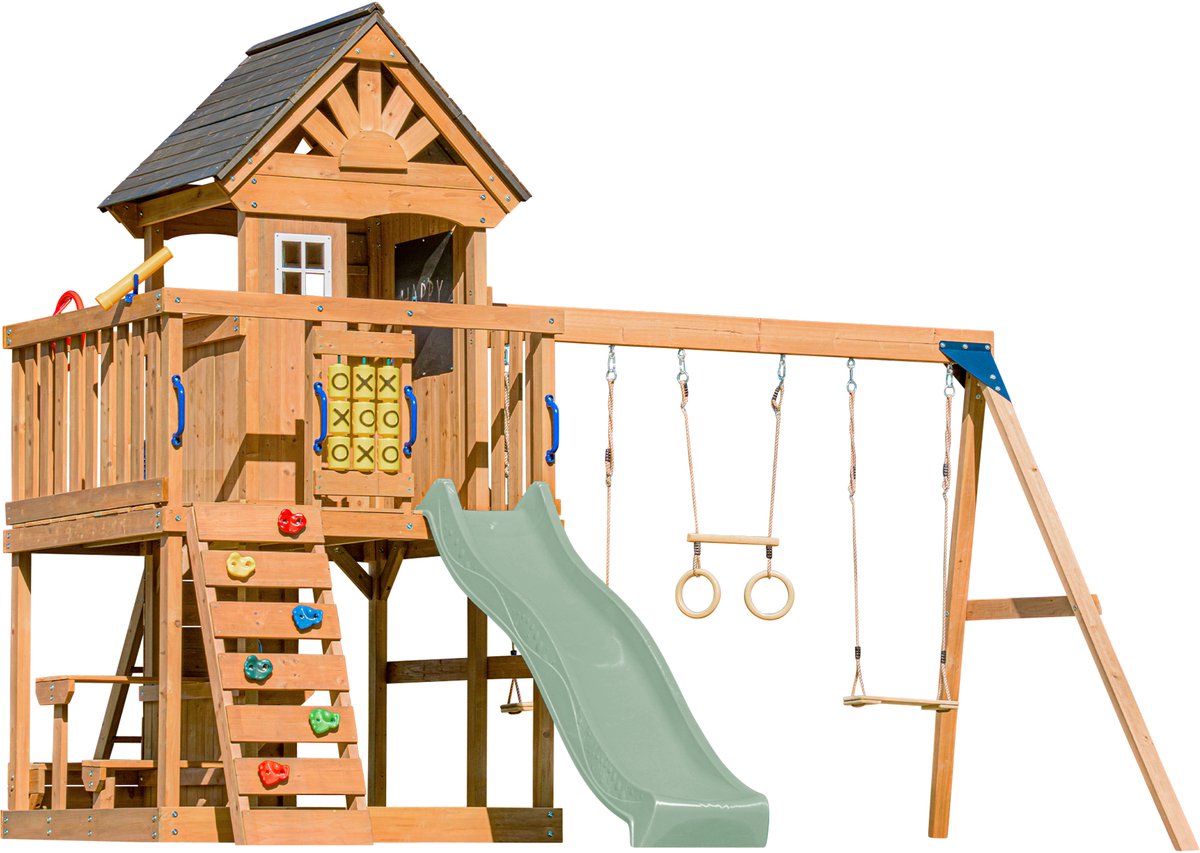 AXI Jack Speeltoestel met Dubbele Schommel en Trapeze Bruin – Pastel Groene Glijbaan – Zandbak, Picknicktafel, Speelkeuken en Klimwand – Telescoop en Stuur - FSC hout - Speelhuis op palen voor de tui