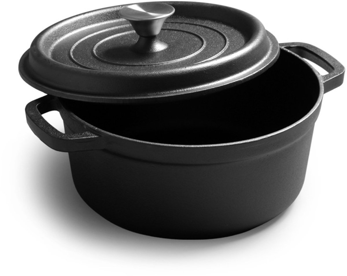 Gietijzeren koekenpan - met deksel en dubbele ringgreep - 14 cm diameter - inhoud voor 1-2 personen - rond - gemakkelijk schoon te maken - ongecoat - 1 L - geschikt voor bakken, grillen, braden en andere kookmethoden - zwart