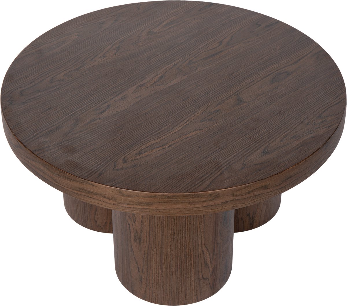 Atmooz Burnham Salontafel – Ø70 x H37 cm – Donker Walnoot – Houtlook Eikenfineer – Ronde Coffee Table – Modern Design met 3 Cilinderpoten – Luxe Lage Tafel Woonkamer – Bruin