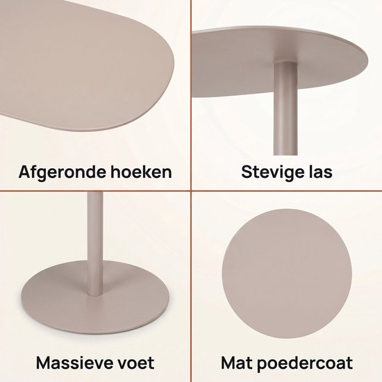 Gedetailleerde foto's van een lichtbruin metalen bijzettafeltje: afgeronde hoeken, stevige las, massieve voet en mat poedercoat.