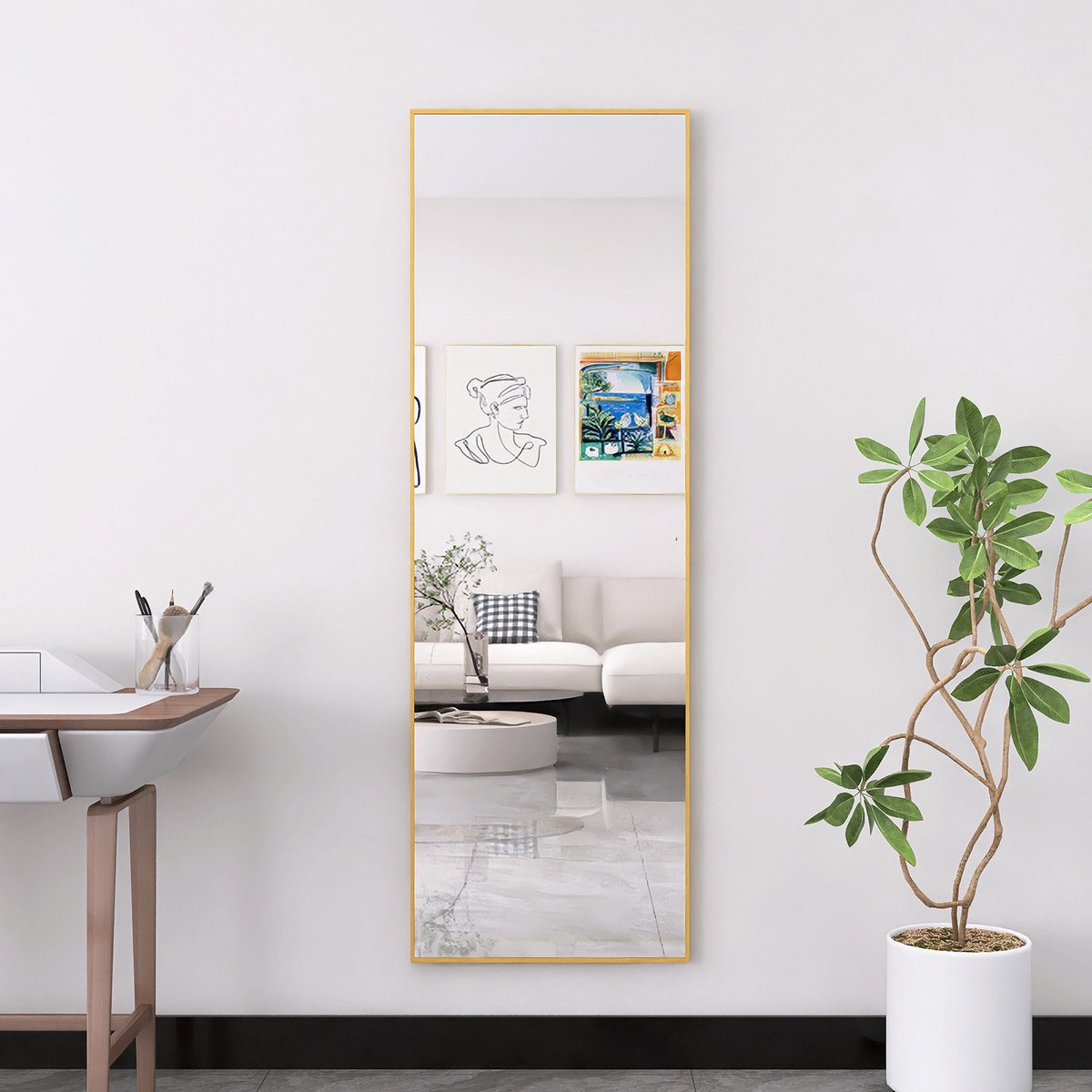 Staande spiegel 162x53cm, grote spiegel met gouden aluminium frame, grote wandspiegel (staand of hangend) voor woonkamer en slaapkamer