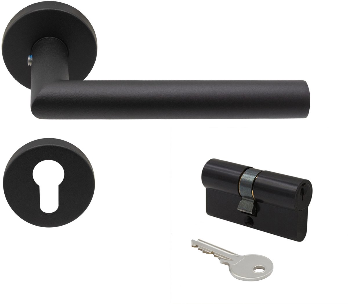 Slotman Solutions Deurklink Cilinder – Zwart – RVS – Rond Rozet – PZ55 – Deurbeslag Set incl. Cilinder en 3 Sleutels