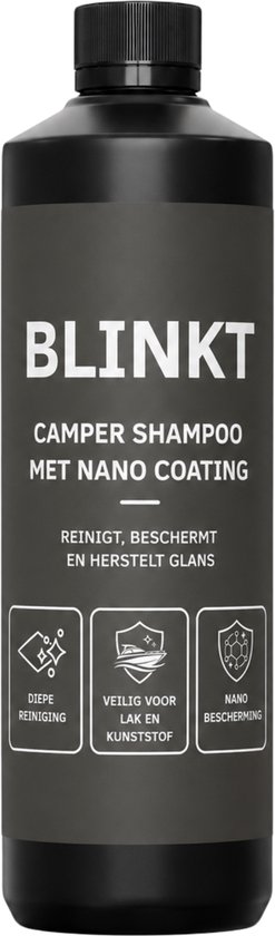 Fles BLINKT Camper Shampoo met Nano Coating. Reinigt, beschermt en herstelt glans. Diepe reiniging, veilig voor lak en kunststof, nano-bescherming.
