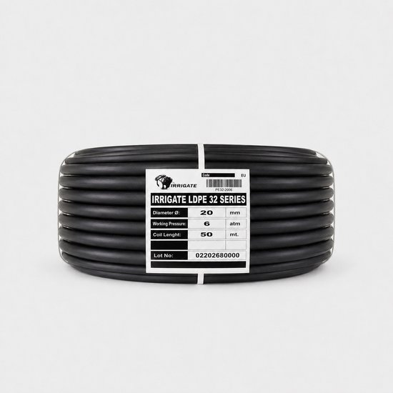 Zwarte Irrigate LDPE 32 serie tyleenslang, Ø 20 mm, 50 meter, 6 bar, op een rol met label.
