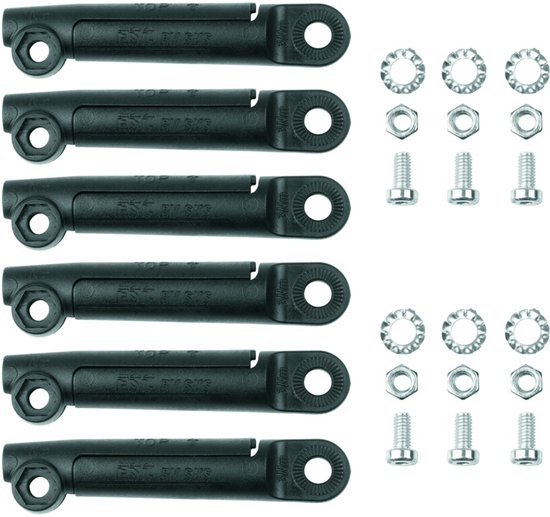 Zes zwarte SKS spatbordbevestigingsclips naast een set ringen, moeren en schroeven.