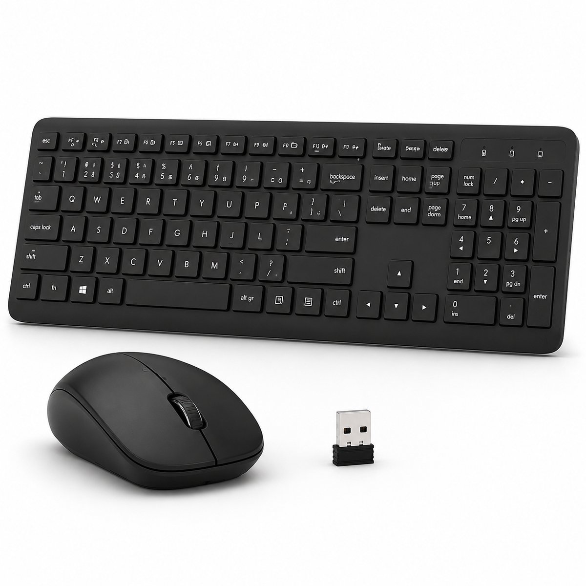 Draadloos Toetsenbord en Muis Set – Premium Wireless Combo – Stil Typen – Full Size Keyboard met Numeriek Toetsenbord – 1 USB Ontvanger – Plug & Play – Zwart