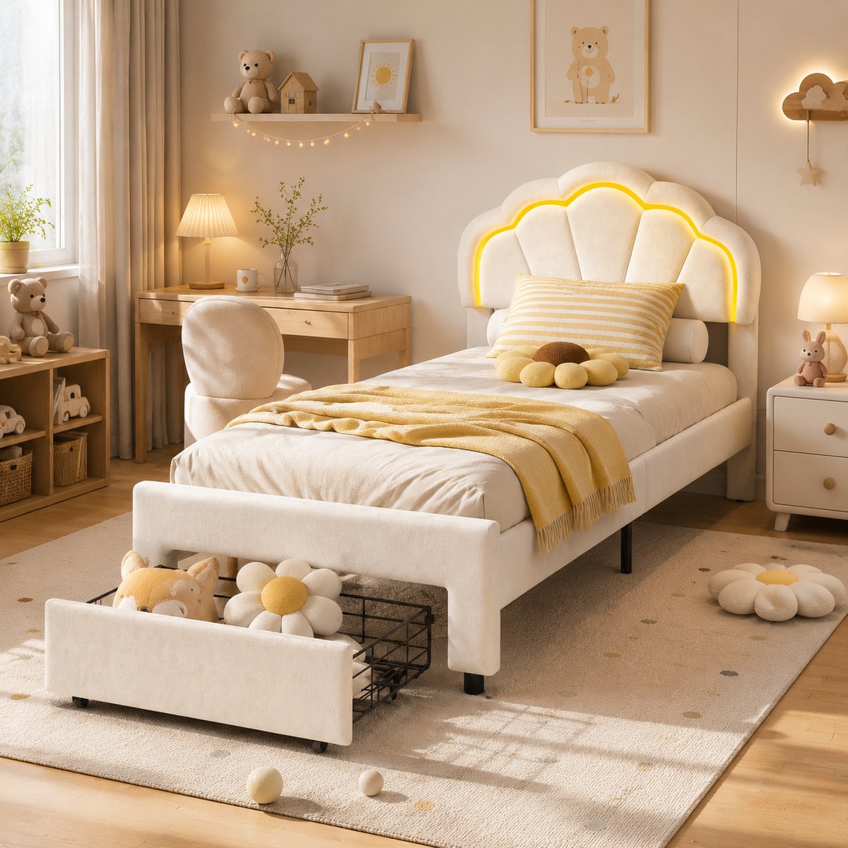 MEXUS Gestoffeerd bed, 90 x 200 cm, kinderbed met ledverlichting, eenpersoonsbed met hoofdbord en lattenbodem, ladebed met opbergruimte, geschikt voor tieners en meisjes, fluweel Wit