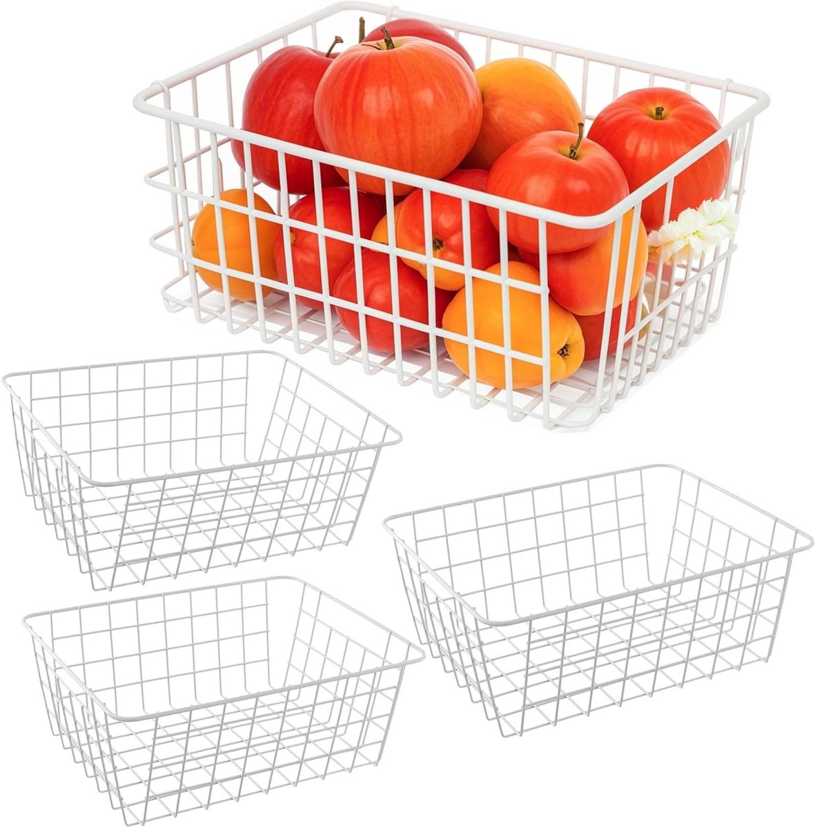 Set van 4 Witte Vriezer Mandjes 28.5 x 22 x 12 cm, Organisatiemand voor Keuken en Badkamer met Handvat, Ideaal voor Opberging en Decoratie