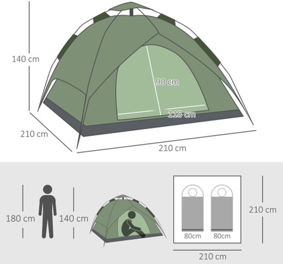 Dubbele kampeertent voor 2 volwassenen + 1 kind, waterdicht, vier seizoenen, donkergroen, 210 x 210 x 140 cm voor buitenavonturen — afbeelding 3