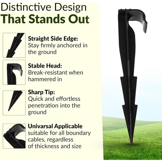 Zwarte grondpen met tekst die de kenmerken "Straight Side Edge", "Stable Head", "Sharp Tip" en "Universal Applicable" beschrijft.