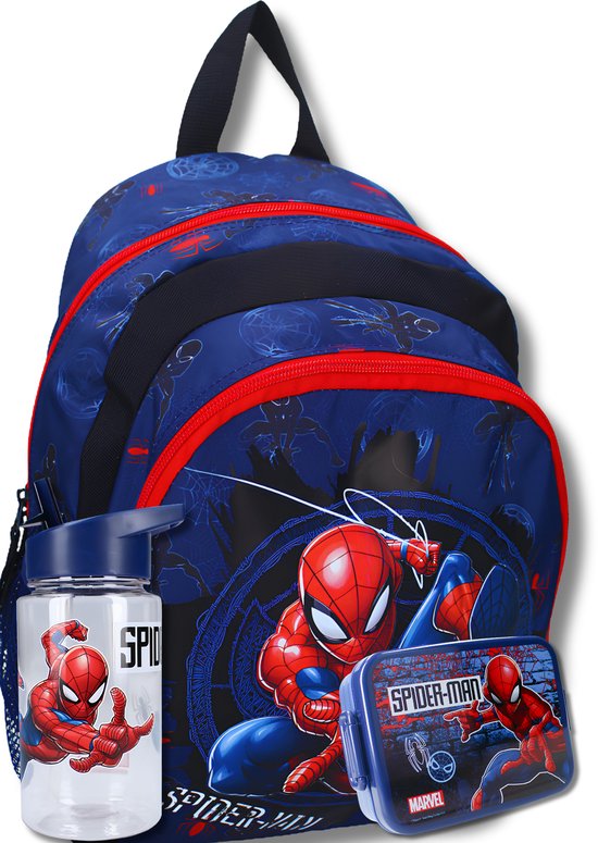 Spiderman Rugzak met Lunchbox & Drinkfles – Schoolset Jongens – Blauw Rood