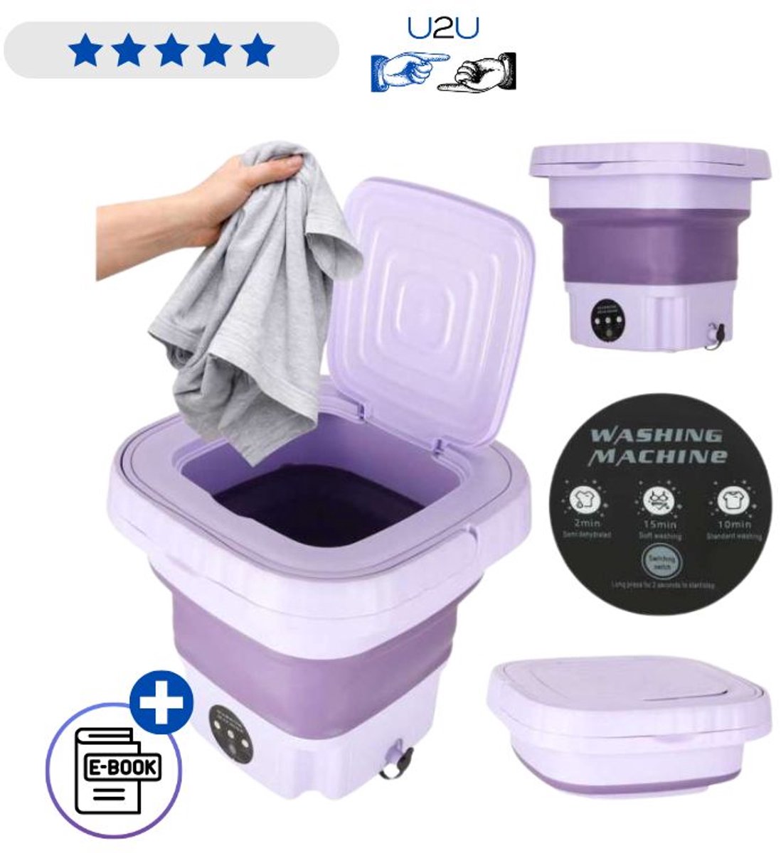 Opvouwbare Mini Wasmachine 8L Paars – Draagbare Reis Wasmachine Met Centrifuge En 3 Wasprogramma’s Compacte Camping Wasmachine Voor Ondergoed Babykleding Vakantie Caravan En Camper Met Ebook