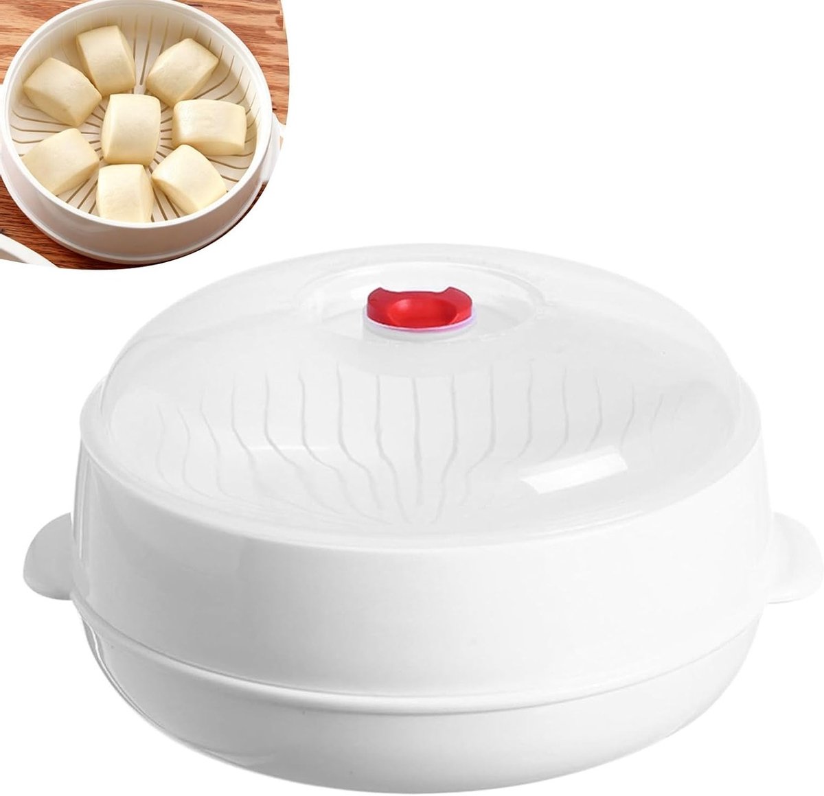 Ronde Plastic Stoommand voor Magnetron met Ventilatie, Afvoerlayer en Apart Ontwerp voor Groenten, Rijst en Dumplings, Ideaal voor Gezond Koken