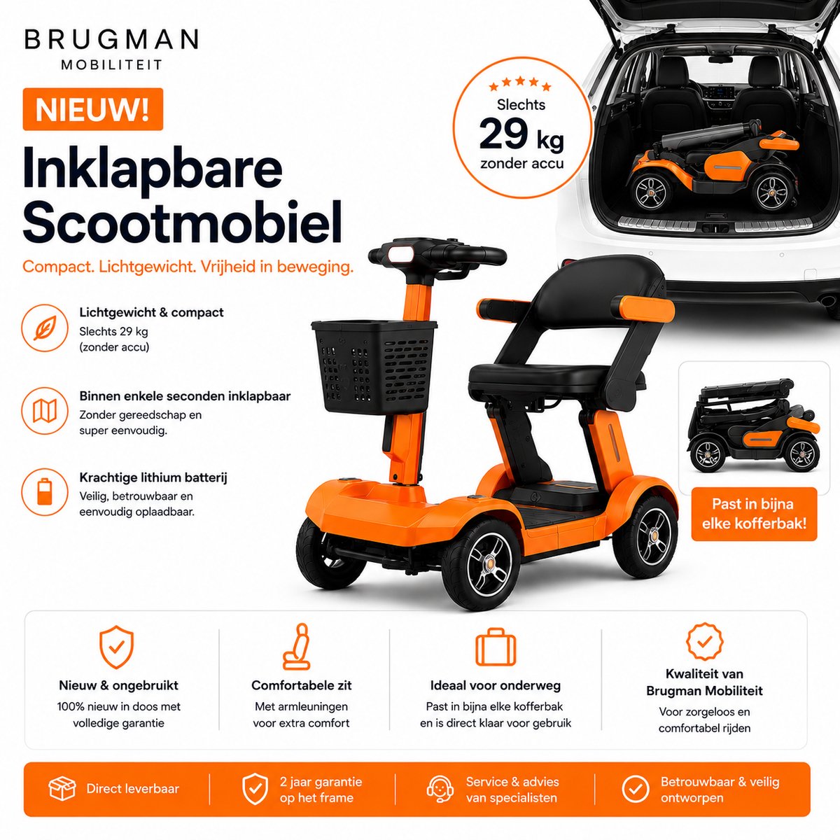 Brugman Mobiliteit MoveX – Inklapbare Scootmobiel – Lichtgewicht – Lithium Accu – ORANJE
