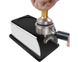 Duurzame zwarte roestvrijstalen koffietamper met stevige standaard en houder voor perfecte koffie-extractie