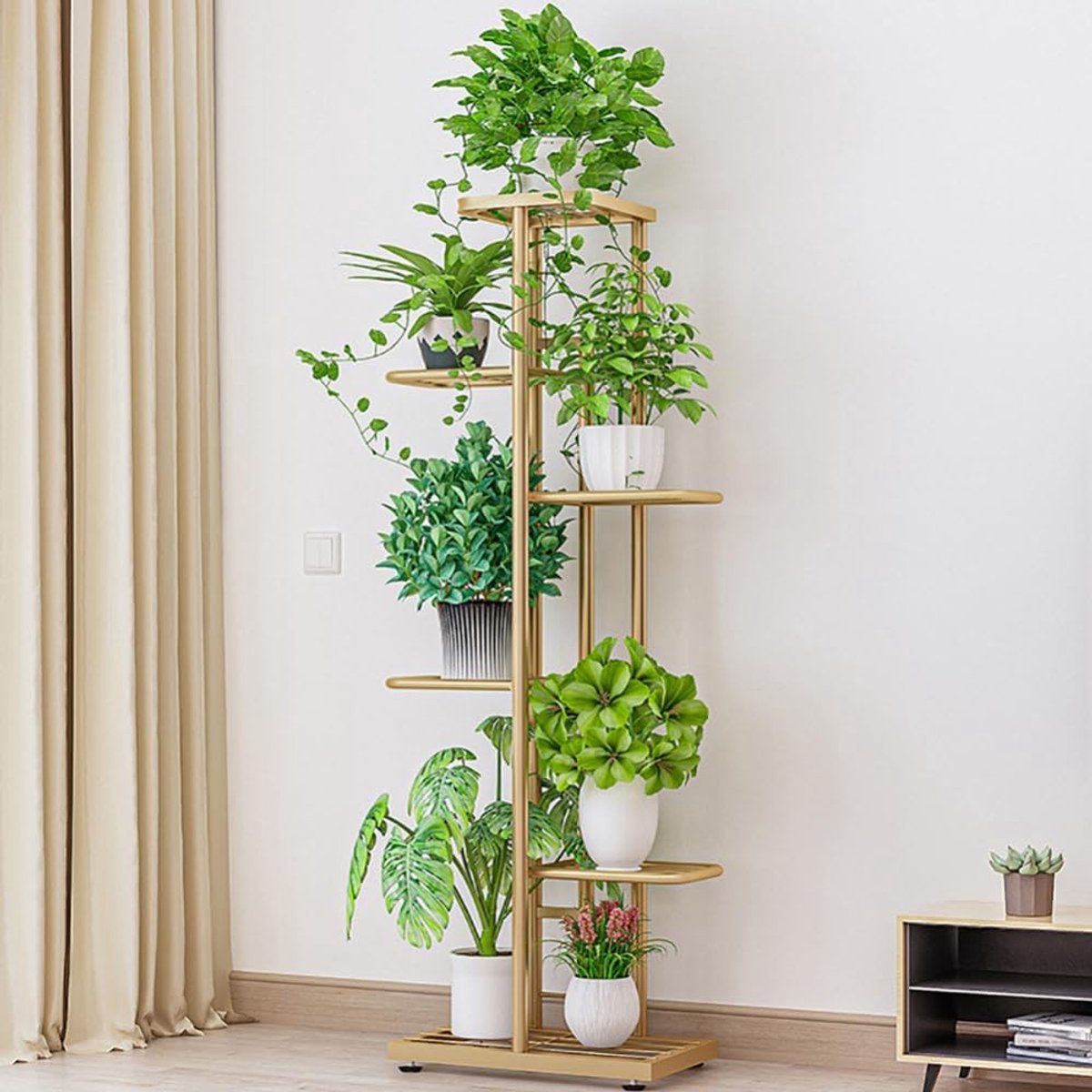 Plantenstandaard Metaal - 6 Etages voor 7 Plantenpotten - Luxe Plantenrek Binnen & Buiten - Modern Bloemenrek - 41 x 22 x 180 cm