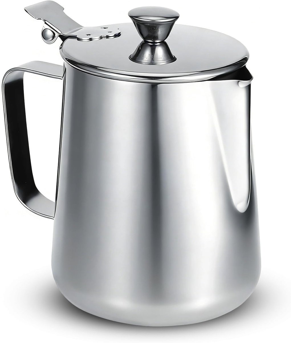 RVS Melkkannetje met Deksel 600ml/1000ml, Ideaal voor Melkschuim, Koffie en Latte Art, Handvat voor Gemakkelijk Gebruik