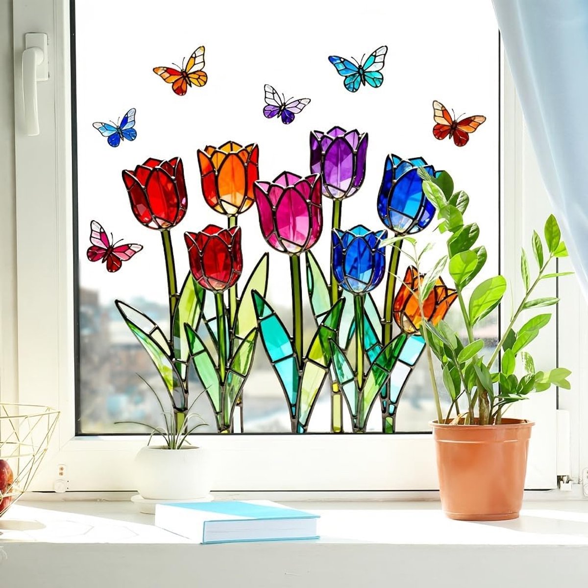 Cyslmuk 4 vellen 30 x 34 cm - Kleurrijke tulp- en vlinderraamsticker - dubbelzijdige statische - glassticker voor een regenboogprisma-effect, raamdecoratie voor keuken en slaapkamer | Cyslmuk®