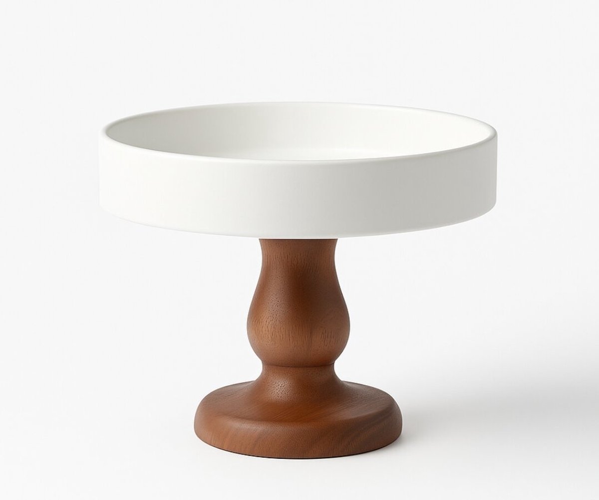 Lirmartur - Porselein taartplateau - Fruitschaal - Serveerschaal - Met houten voet - Ø 22.5 cm - Wit - Hout
