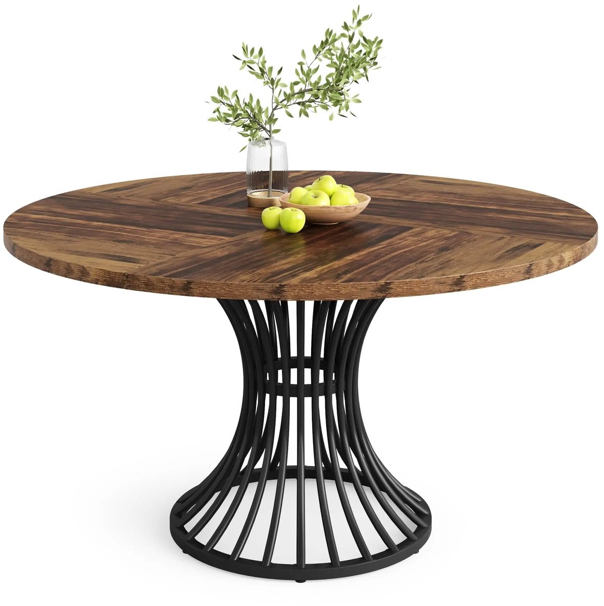 ITRONIQ Ronde Eettafel 120 CM - Industriële Ronde Tafel Voor 4 Tot 6 Personen - MDF Houtlook - Zwart Met Metalen Onderstel Houtlook/Zwart