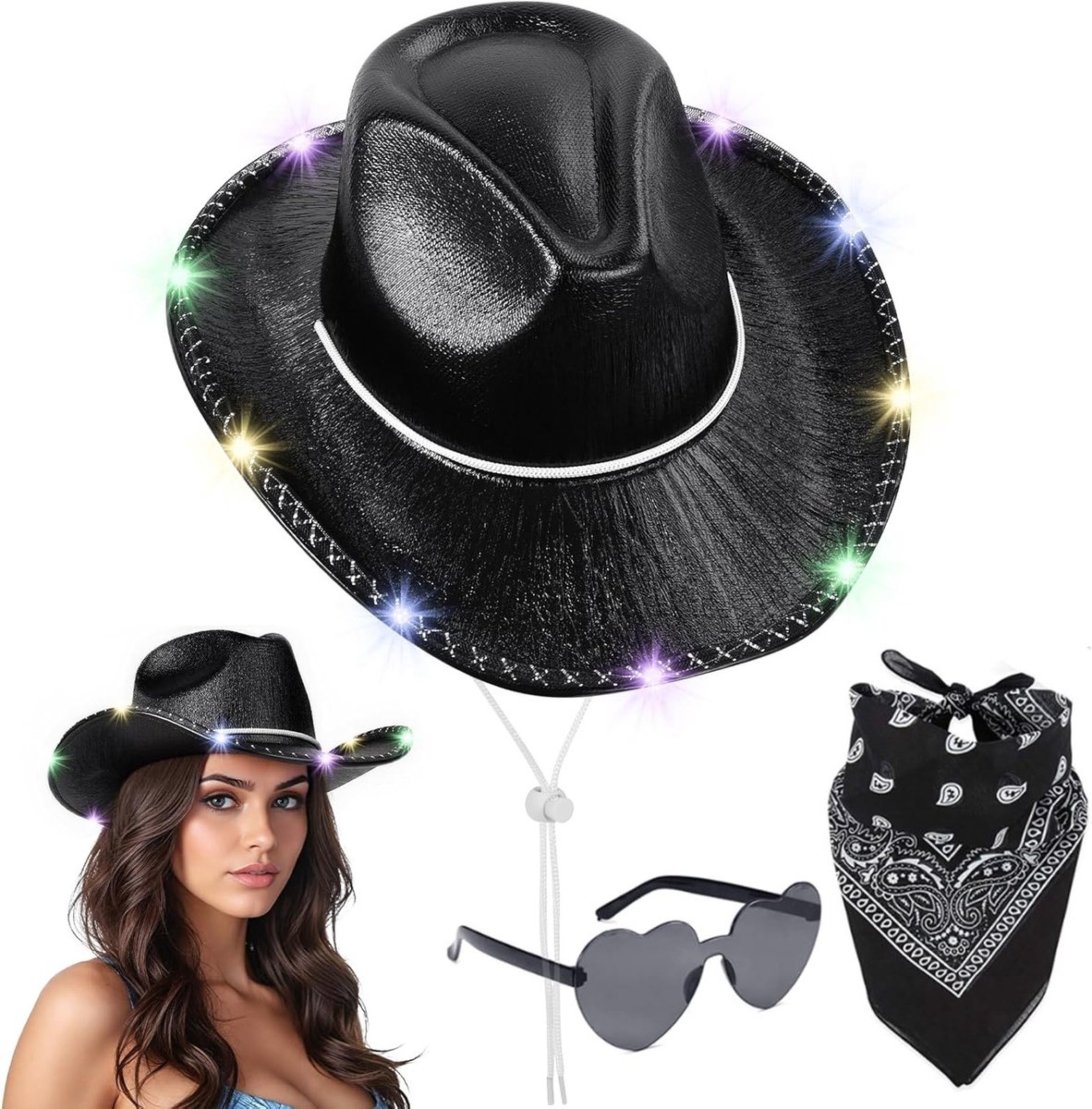 Stijlvolle Cowboyhoed voor Mannen en Vrouwen met Rimless Hippie Hartbril en Neckerchief voor Feestjes en Carnavalskostuums