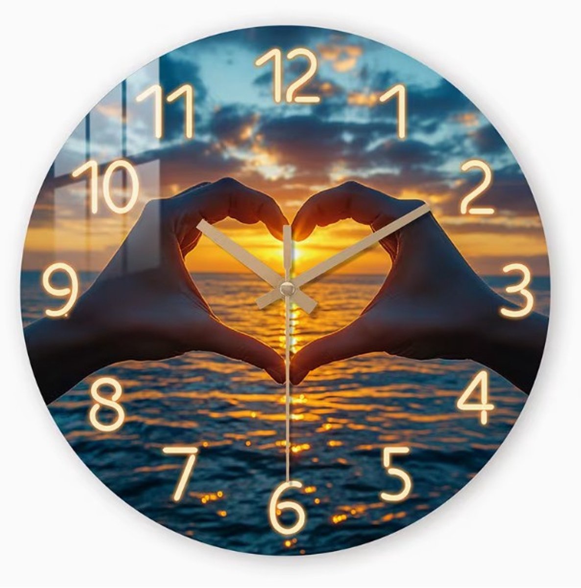 Romantische Wandklok 25 cm – Stil Uurwerk – Hartvormige Handen bij Zonsondergang – Moderne Glazen Klok – Geruisloos