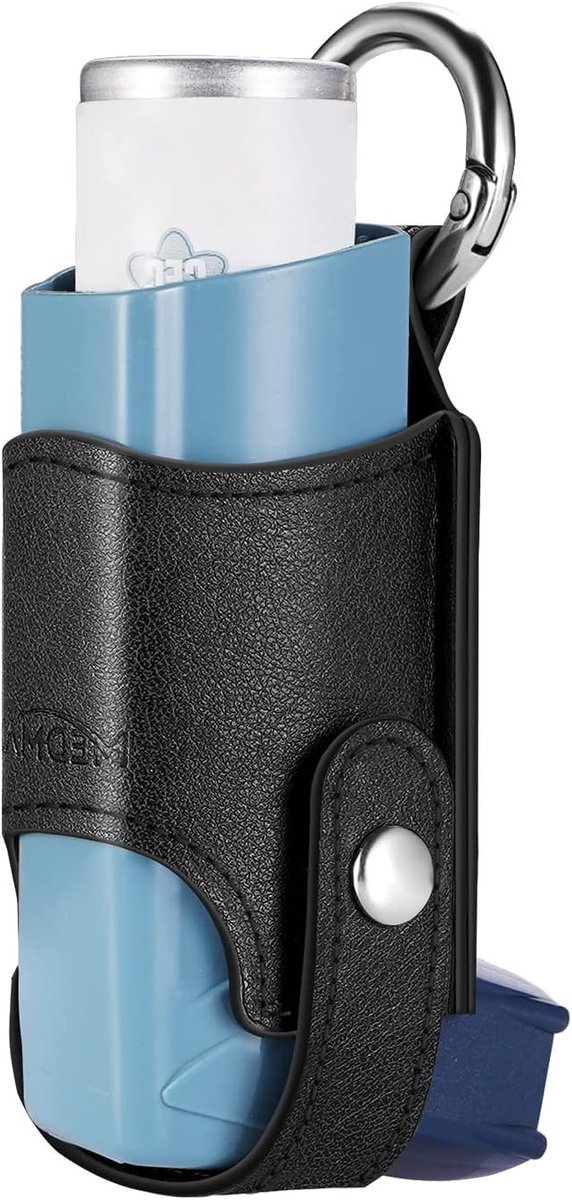Transportetui voor Astma-inhaler, Lichtgewicht PU-leer Ritszak met Carabijnhaak, Bescherming en Draaggemak (Zwart)