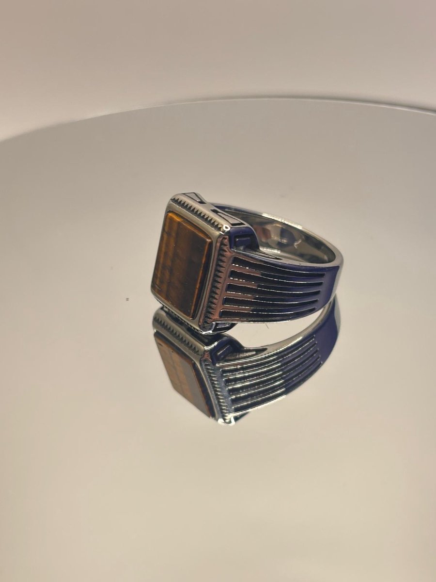 18mm - Tijgeroog Zegelring Natuurlijke Gelegde Steen - Unisex - 316L RVS Ring