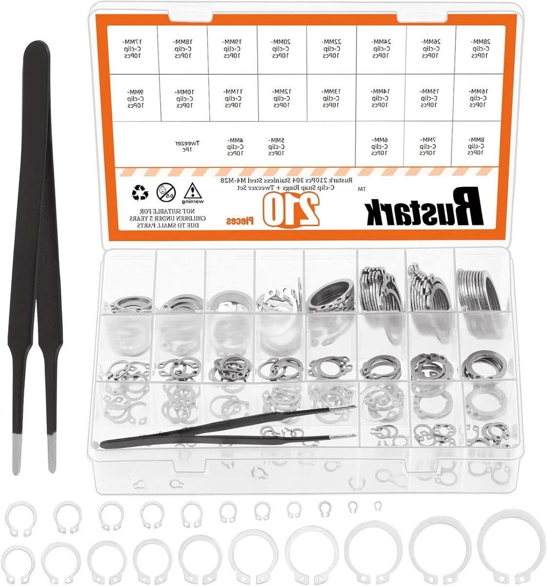 Assortiment van 211 Stuks 21 Maten Roestvrijstalen Externe Retainer Ringen met Pincet voor As en Schacht Bevestiging
