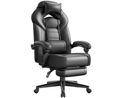 Gamingstoel met Voetensteun – Ergonomisch – Kantelbaar - Extra Dik Zitvlak - Hoogte Verstelbaar - Zwart / Leer