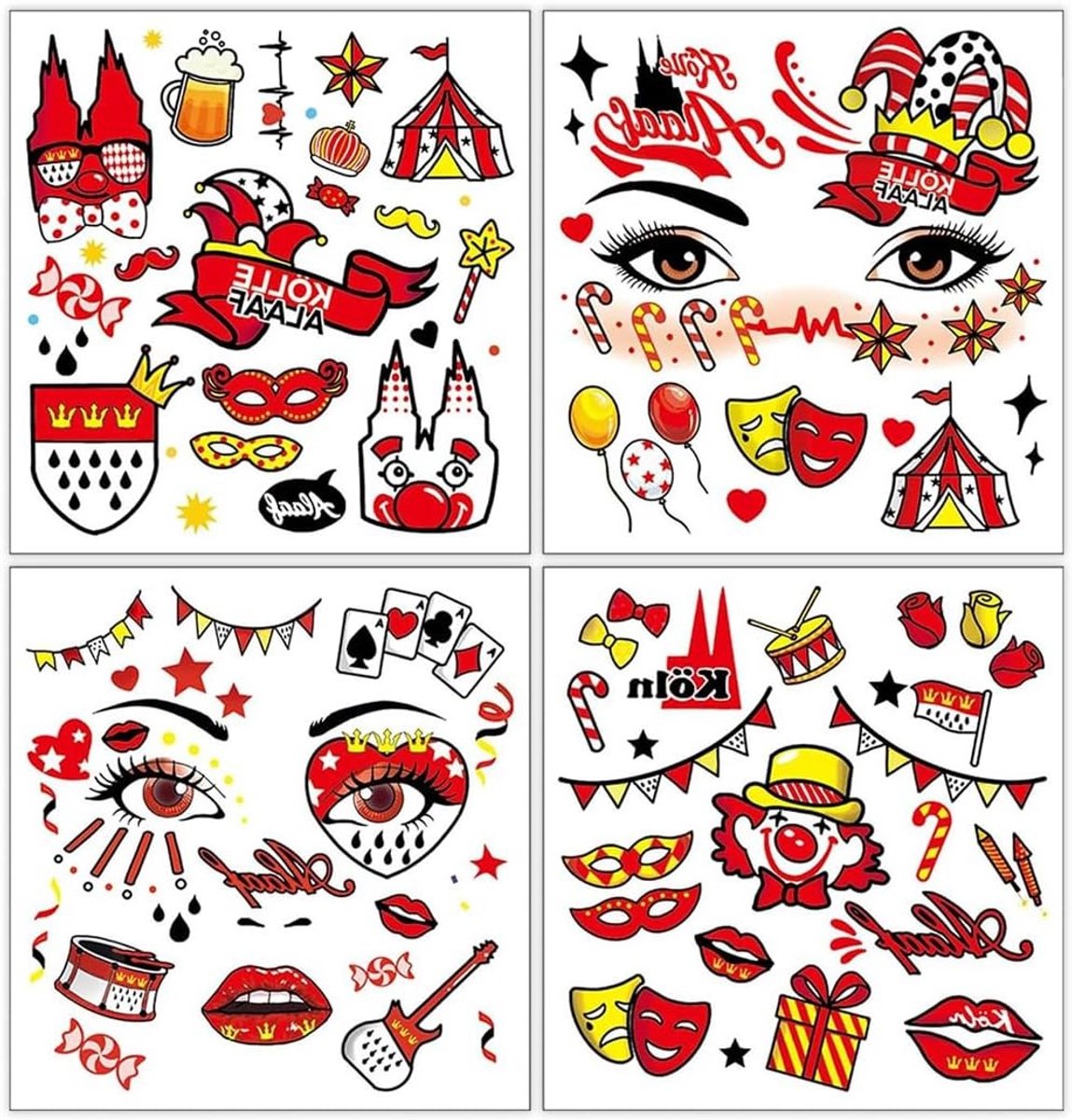 4 Stuks Gezichtstatoeages voor Carnaval - Stickers en Accessoires voor Carnaval Kostuums en Feestelijke Outfits