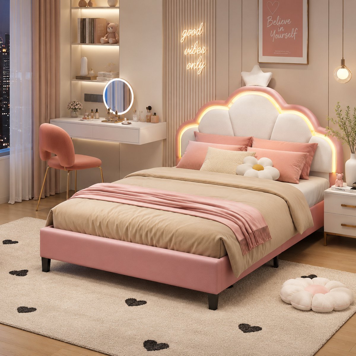 MEXUS Tweepersoonsbed voor kinderen, 140 x 200 cm, prinsessenbed voor meisjes, met in hoogte verstelbaar LED-hoofdeinde, kroondesign, lattenbodem, gestoffeerd kinderbed, geschikt voor tieners, Flanel Roze