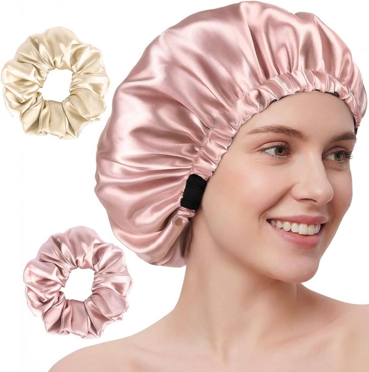 Verstelbare Dubbele Laag Satijnen Slaapmuts met Elastische Band en 2 Scrunchies - Ideaal voor Krullen en Steil Haar in Roze