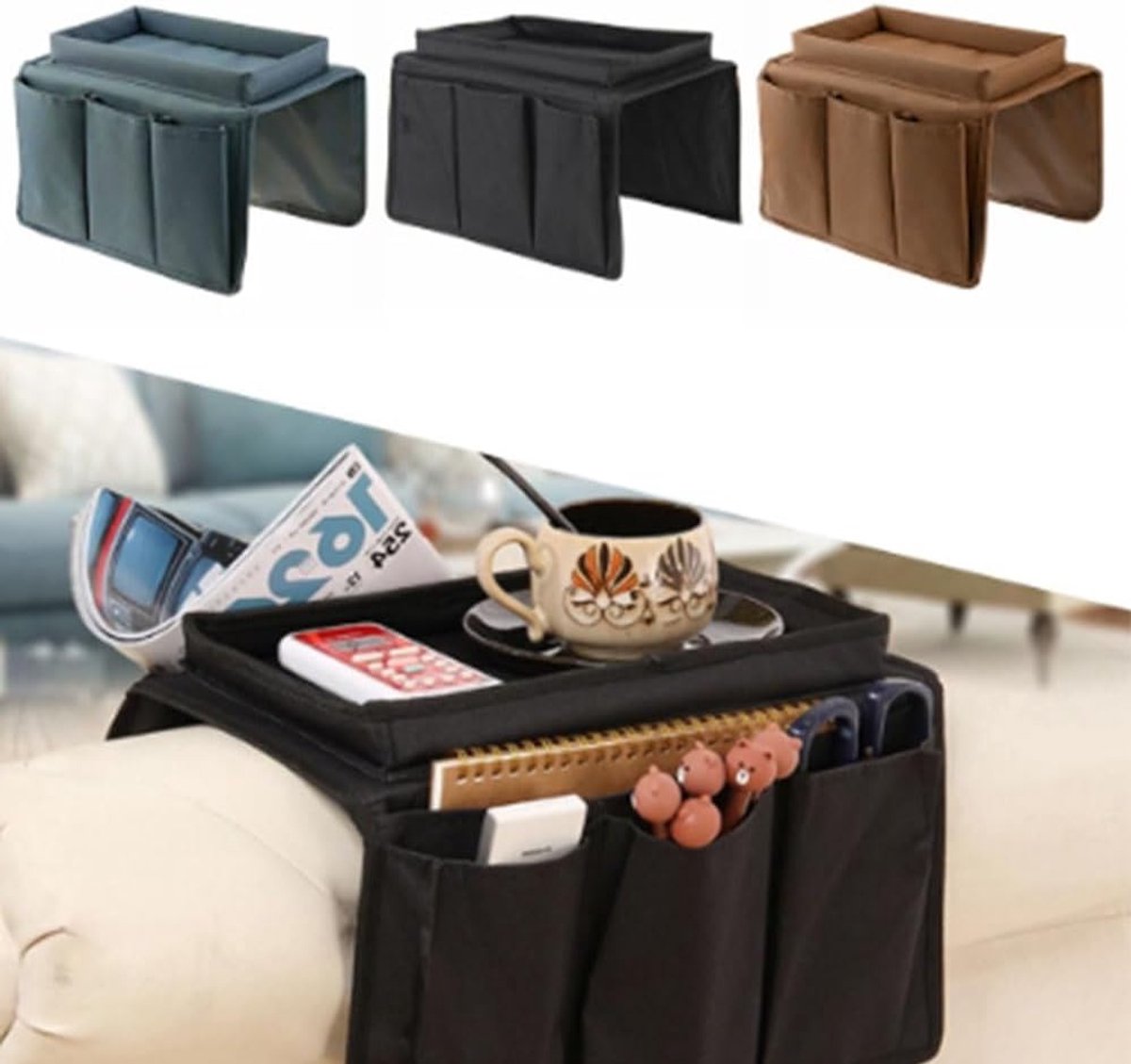 Sofa Armleuning Organizer met Opbergruimte voor Afstandsbediening, Tablet en Boeken - 6 Vakken en Bekerhouder voor Gemak en Organisatie