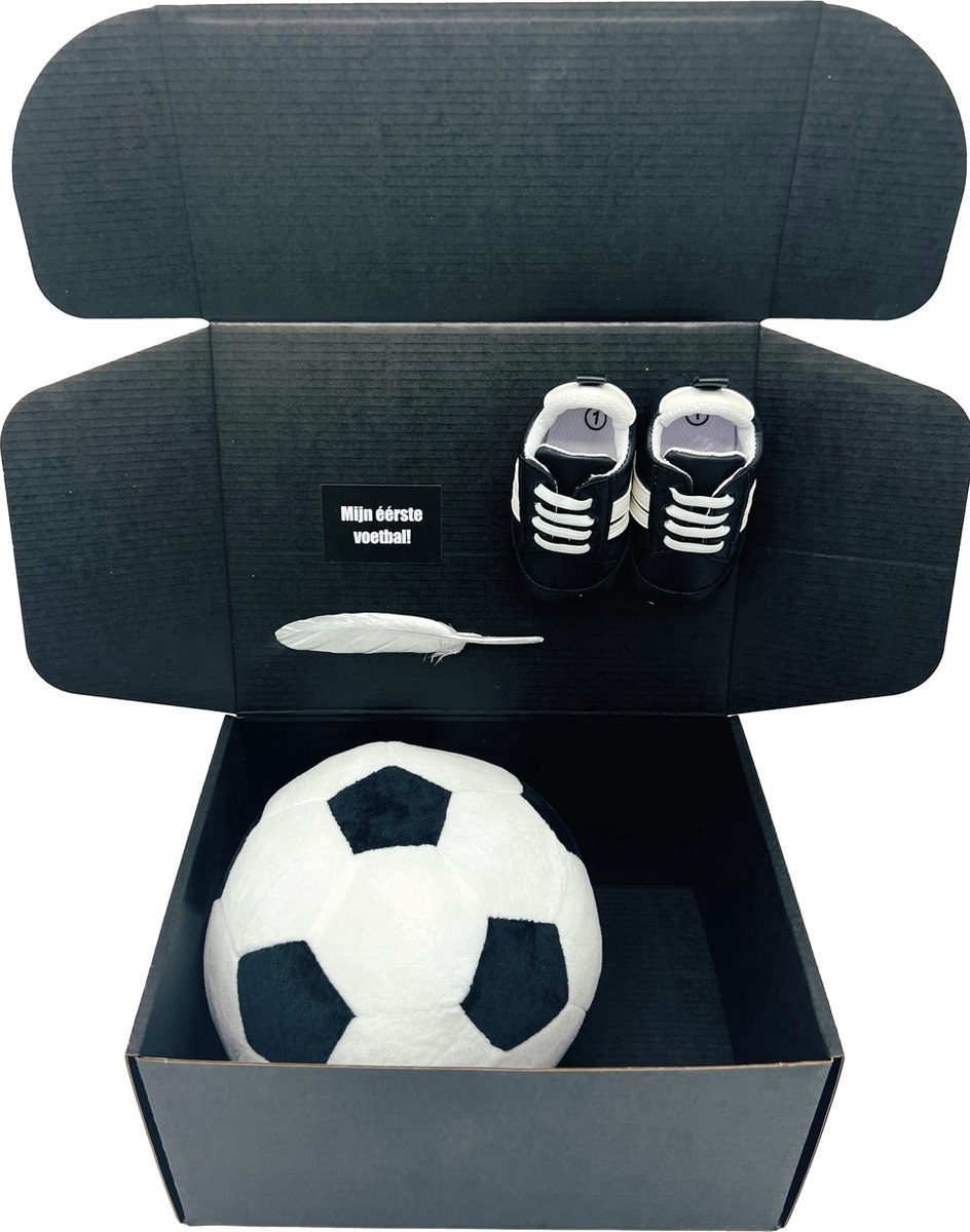 Kraamcadeau Eerste Voetbal box Zwart - Kraamcadeau jongen met voetbal en babysneakers - cadeau geboorte baby, geboortegeschenk, ook rechtstreekse levering - diverse kleuren - zwart