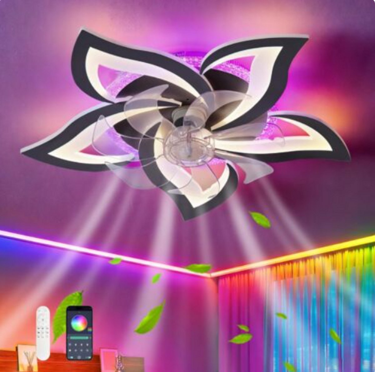 Equivera Plafonniere met Ventilator - Zwart - Plafondventilator - RGB - Plafondventilator Met Afstandsbediening & APP - Plafondventilator Slaapkamer - Plafond Ventilator met Verlichting - Plafondlamp - Plafonniere - Ideaal voor in uw slaapkamer!