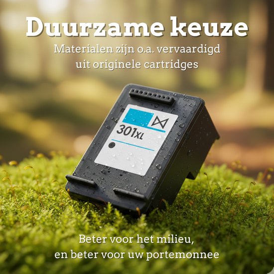 Remanufactured 301XL inktcartridge op mos met waterdruppels. Tekst: "Duurzame keuze"